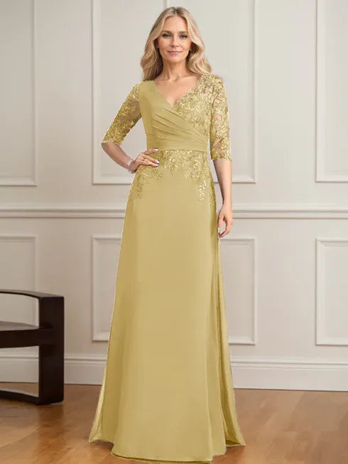 A-Line V-Neck Floor-Length Lace and Chiffon Mother of the Bride Dress with Pleated Sequins