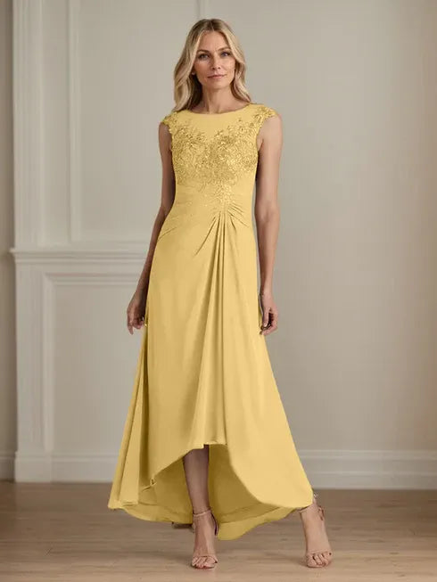 Champagne A-Line Lace and Chiffon Scoop Neck Dress