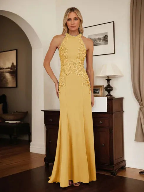 Dusty Blue Sheath Halter Mother of the Bride Dress with Appliqué Details