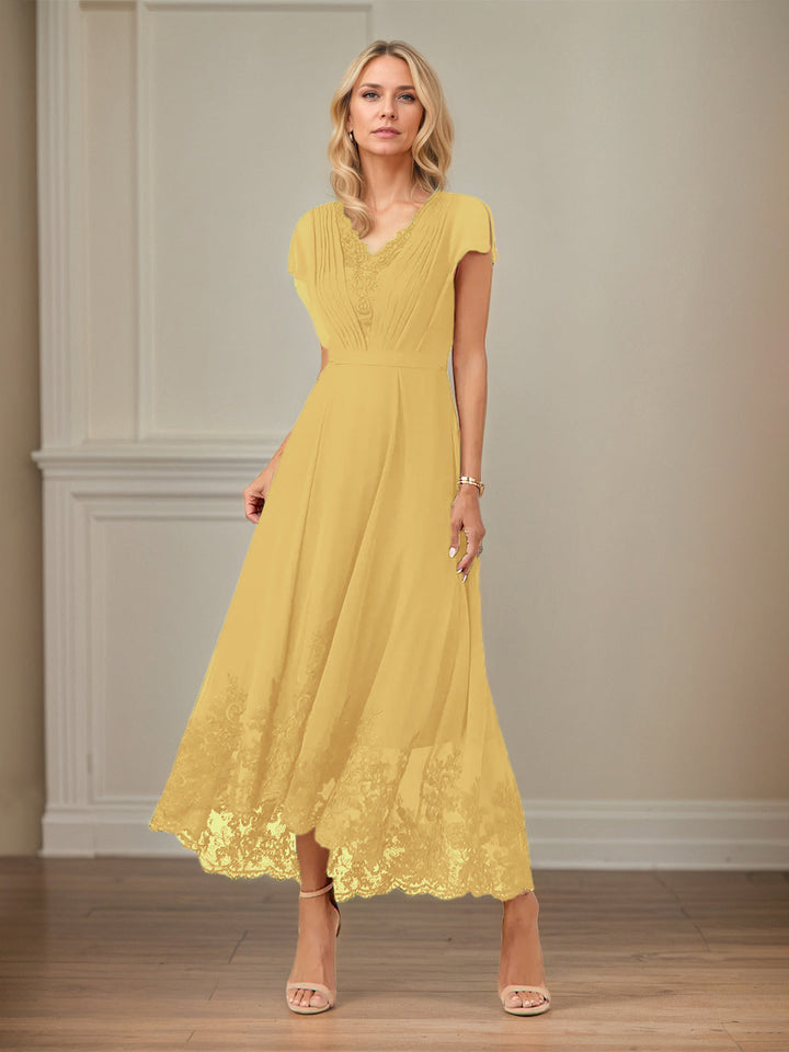A-Line V-Neck Flutter Sleeve Chiffon Dress with Appliques and Ankle Length