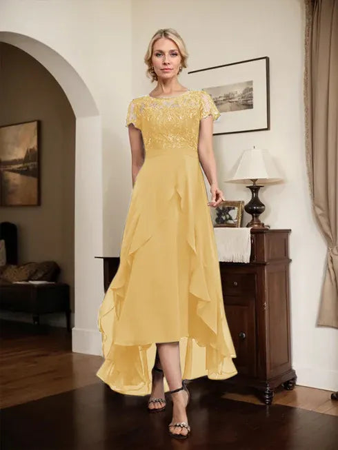 A-Line Scoop Neck Illusion Asymmetrical Chiffon Lace Mother of the Bride Dress with Bow, Ruffle, and Sequins