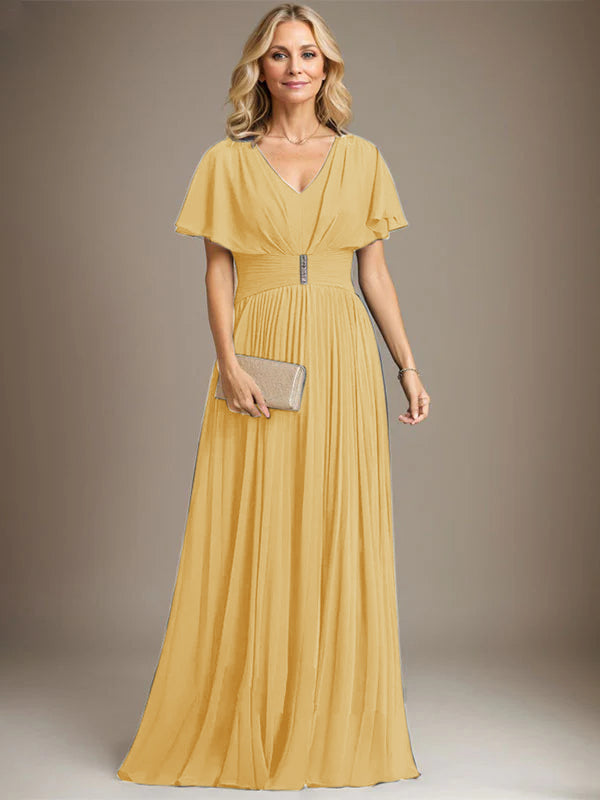 A-Line V-Neck Floor-Length Chiffon Mother of the Bride Dress with Crystal Brooch and Pleated Design