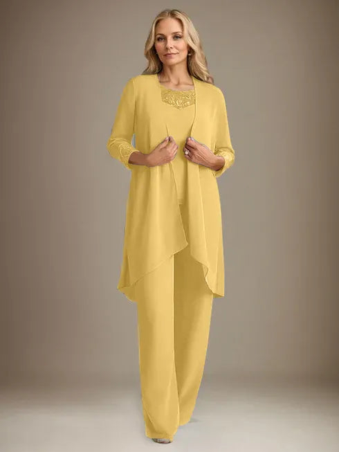 Chiffon Scoop Neck Long Sleeve Mother of the Bride Pantsuit with Jacket