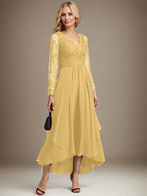 A-Line V-Neck Asymmetrical Lace Chiffon Mother of the Bride Dress