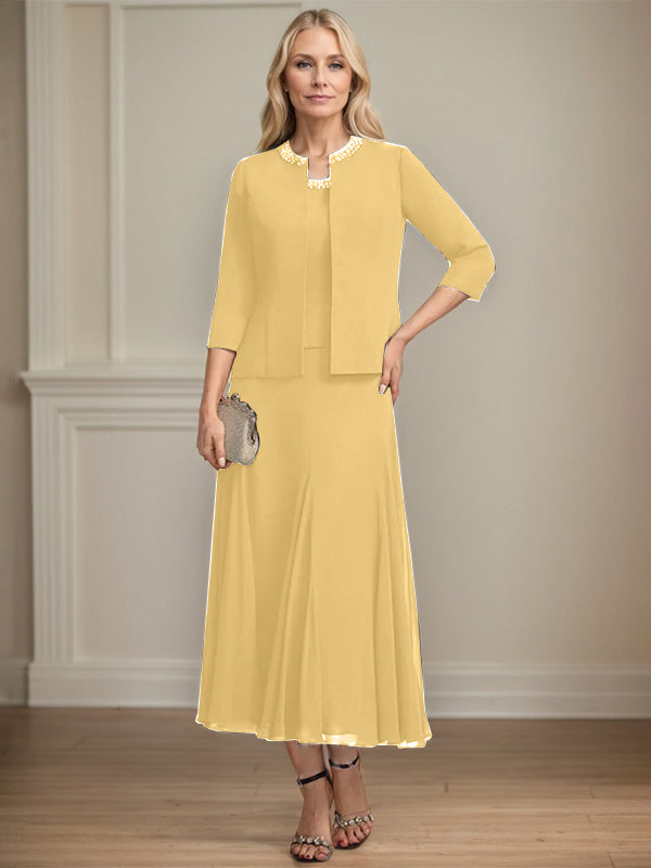 A-line Scoop Tea-Length Chiffon Mother of the Bride Dress with Sequins and Beading Separates