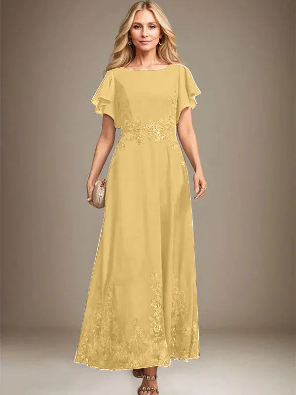 A-Line Scoop Neck Ankle-Length Lace and Chiffon Mother of the Bride Dress with Sequins