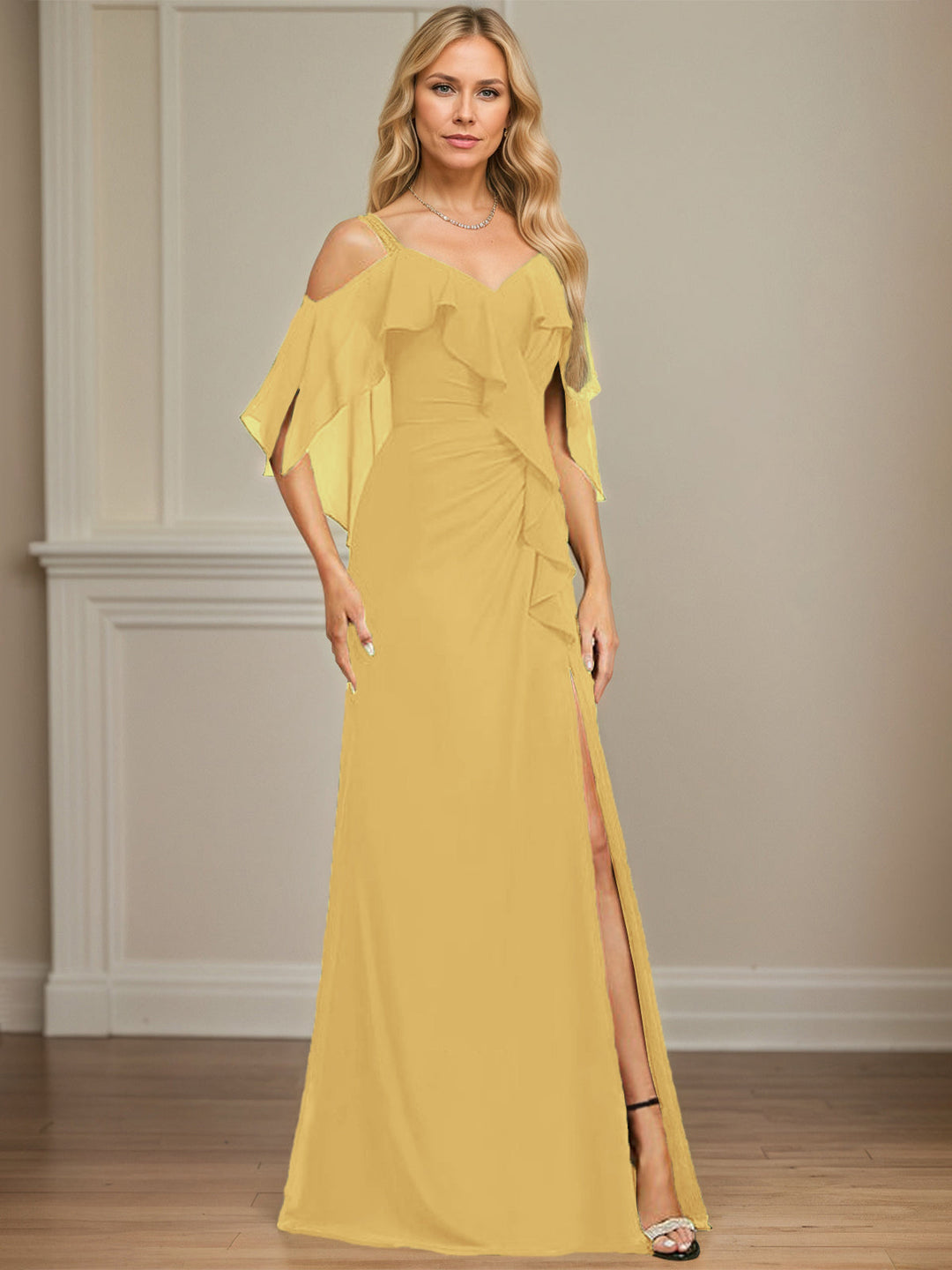 Sheath/Column Cold Shoulder V-Neck Floor-Length Chiffon Dress with Cascading Ruffles, Sequins, and Beading