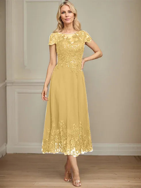 A-Line Illusion Scoop Tea-Length Lace Chiffon Mother of the Bride Dress with Sequins
