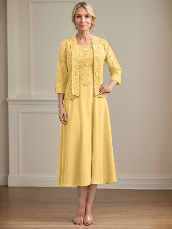 A-Line Scoop Neck Tea-Length Lace Chiffon Mother of the Bride Dress