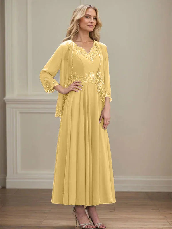 A-Line V-Neck Chiffon Mother of the Bride Dress with Sequins, Appliques, Lace, and Beading at Ankle Length