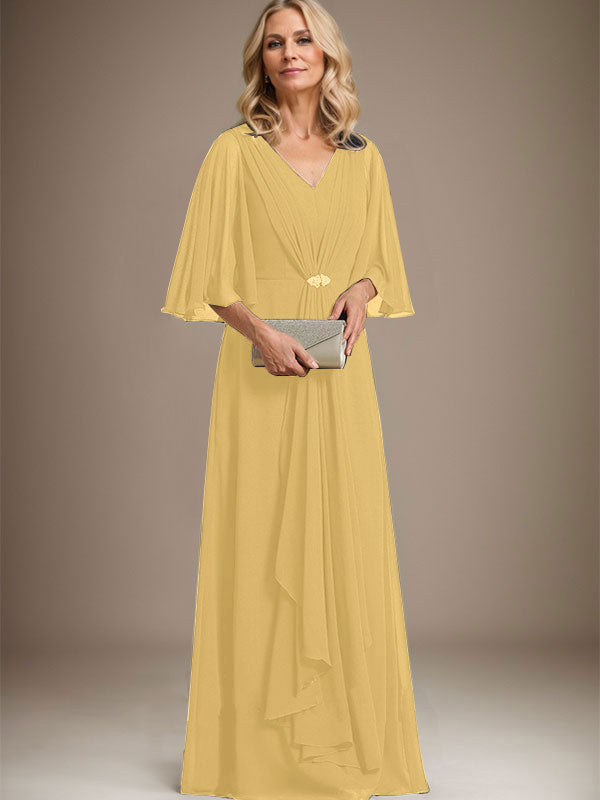 A-Line V-Neck Floor-Length Chiffon Mother of the Bride Dress with Cascading Ruffles and Crystal Brooch