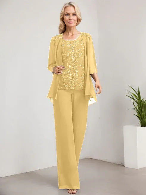 Floor-Length Lace Chiffon Mother of the Bride Jumpsuit/Pantsuit with Scoop Neck and Sequins