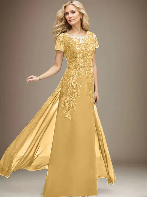 Floor-Length Lace Chiffon Mother of the Bride Dress with Sheath/Column Scoop Illusion and Sequins