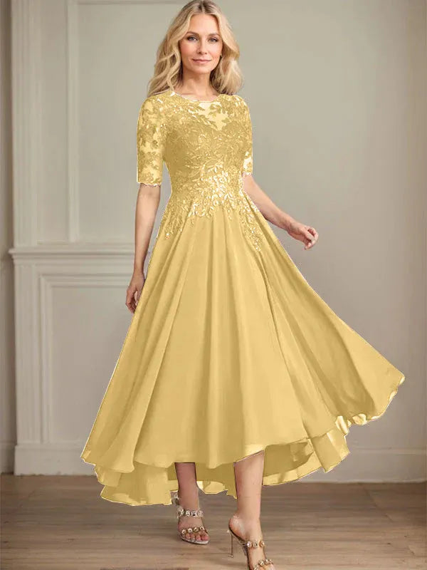 A-Line Scoop Neck Illusion Asymmetrical Chiffon and Lace Mother of the Bride Dress with Sequins