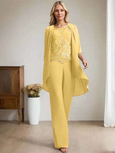 Floor-Length Chiffon Lace Mother of the Bride Jumpsuit/Pantsuit with Scoop Neck, Beading, and Sequins