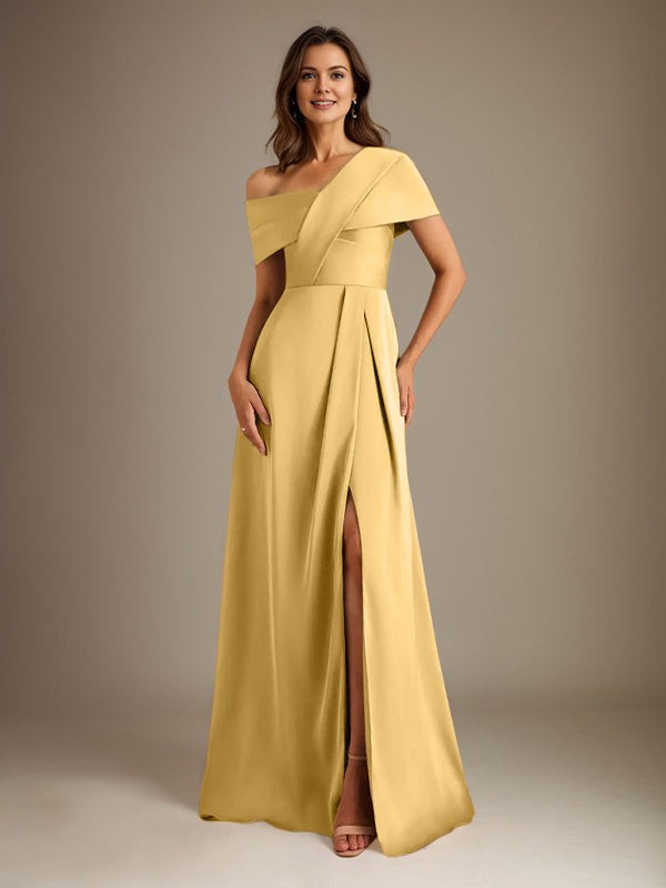 A-Line Satin Mother of the Bride Dress with Asymmetrical Neckline, Floor-Length, and Pleated Design