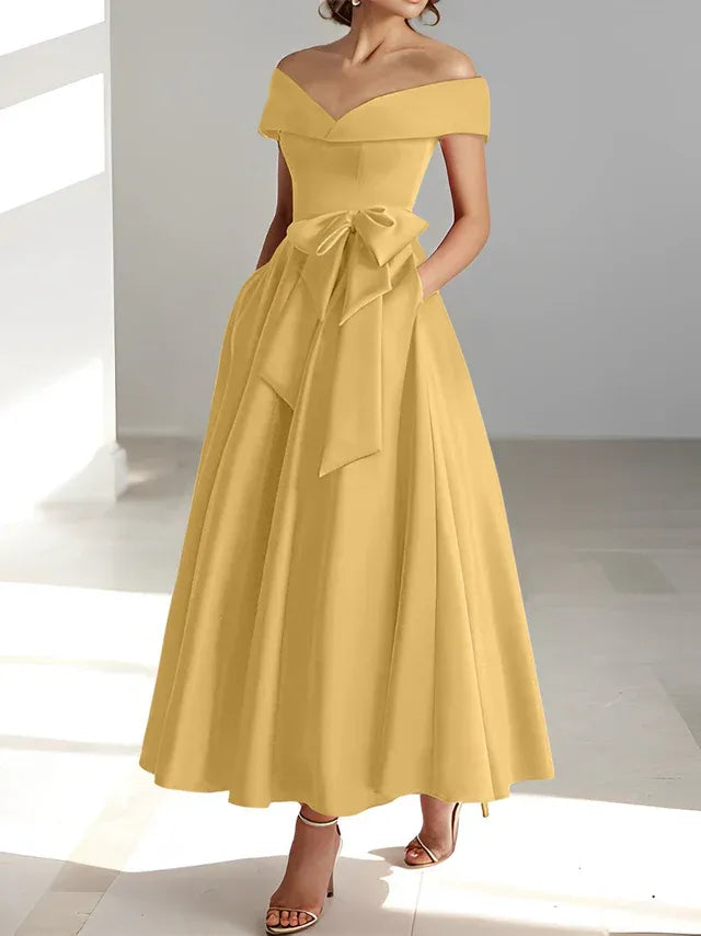 A-Line Off-the-Shoulder Sleeveless Ankle-Length Mother of the Bride Dress with Pockets