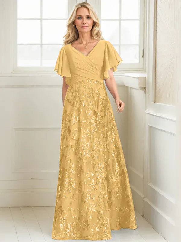 A-Line V-Neck Floor-Length Lace and Sequin Chiffon Mother of the Bride Dress with Pleats