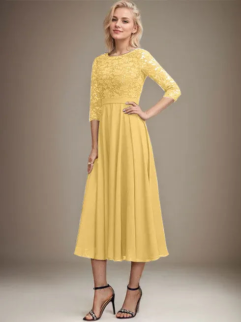 A-Line Scoop Neck Tea-Length Lace Chiffon Mother of the Bride Dress with Sequins