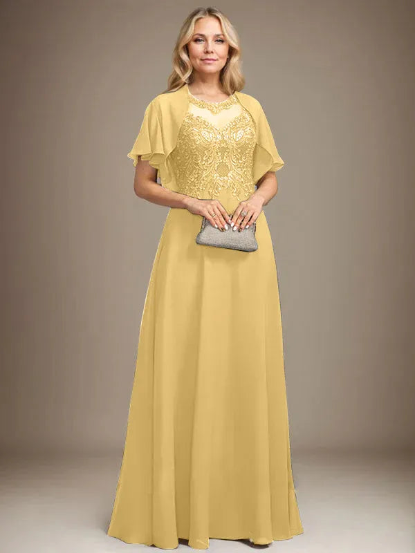 A-Line Scoop Neck Illusion Floor-Length Lace Chiffon Mother of the Bride Dress with Sequins