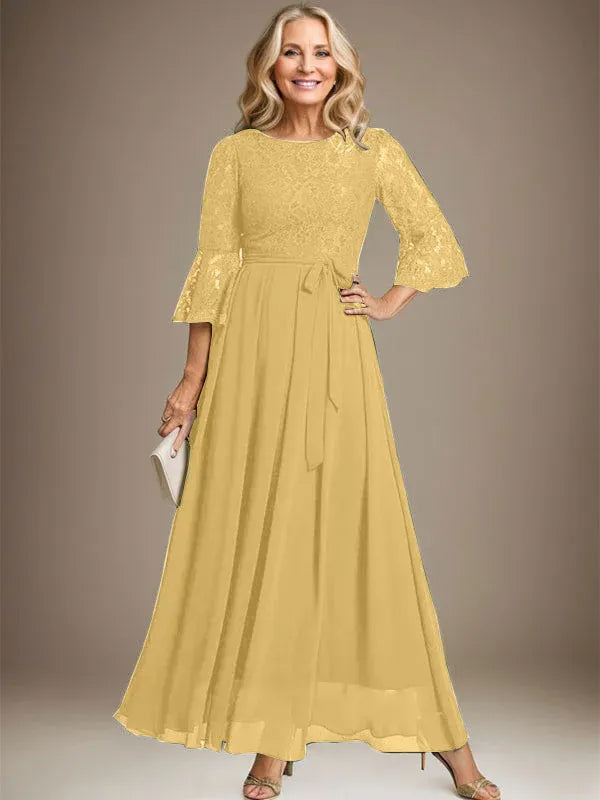 A-Line Scoop Neck Ankle-Length Lace Chiffon Mother of the Bride Dress with Bow