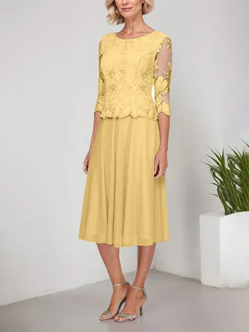 A-Line Scoop Neck Tea-Length Lace Chiffon Mother of the Bride Dress with Embroidery