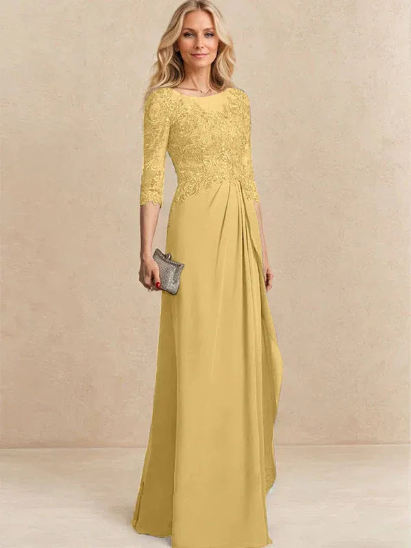 A-Line Scoop Illusion Floor-Length Chiffon and Lace Mother of the Bride Dress with Beading, Sequins, and Cascading Ruffles