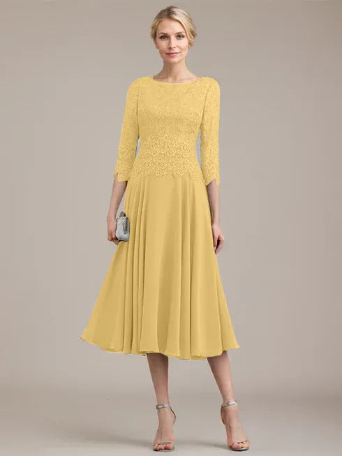 A-Line Scoop Neck Tea-Length Lace Chiffon Mother of the Bride Dress