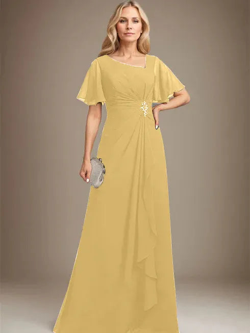 A-Line Asymmetrical Floor-Length Chiffon Mother of the Bride Dress with Pleated Beading and Sequins