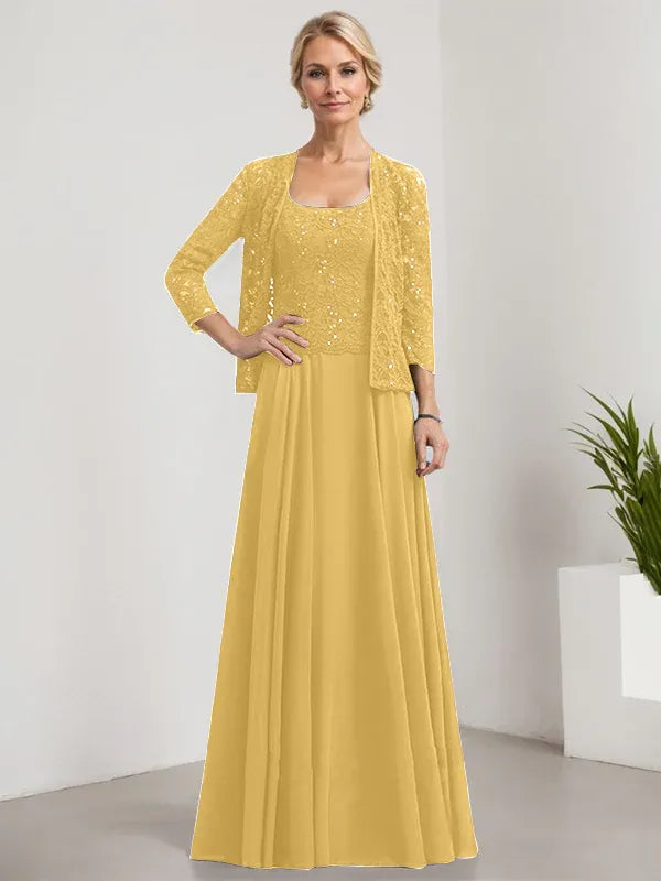 A-Line Square Neck Floor-Length Lace and Chiffon Mother of the Bride Dress with Sequins