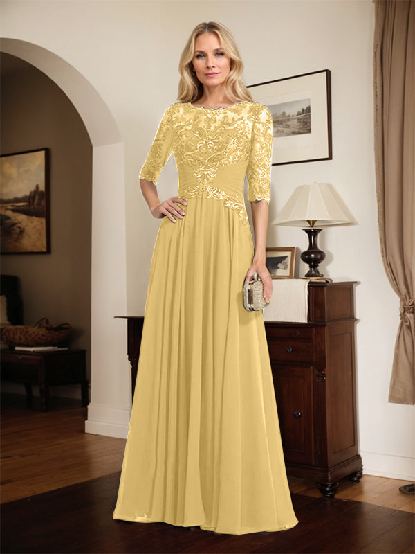 A-Line Scoop Neck Illusion Floor-Length Chiffon and Lace Mother of the Bride Dress with Pleated Sequins
