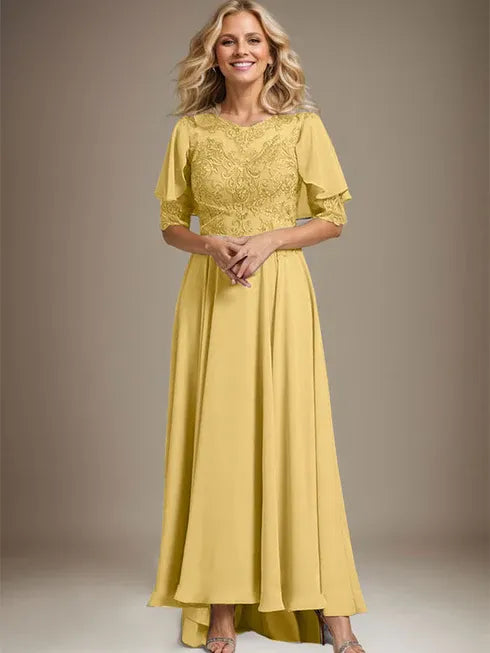 A-Line Scoop Neck Illusion Asymmetrical Chiffon and Lace Mother of the Bride Dress with Beading