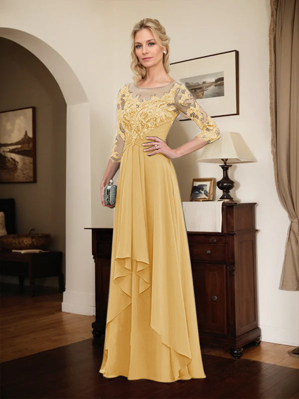 A-Line Scoop Neck Illusion Floor-Length Lace Chiffon Mother of the Bride Dress with Cascading Ruffles