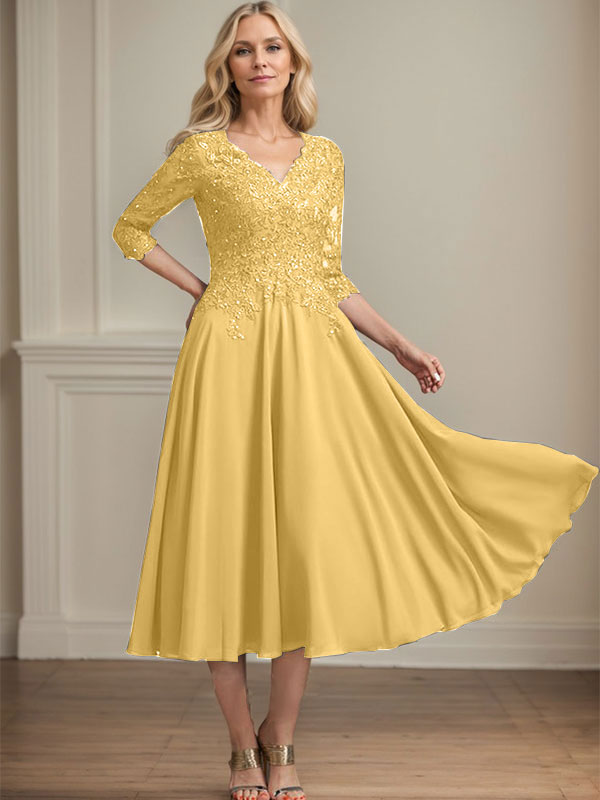 A-Line V-Neck Tea-Length Chiffon and Lace Mother of the Bride Dress with Beading and Sequins