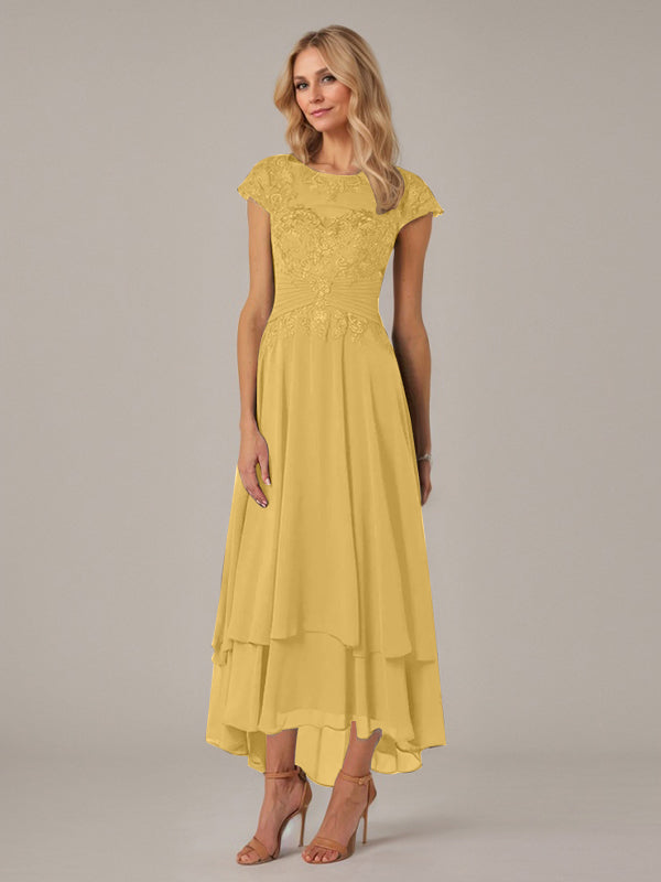 A-Line Boat Neck Illusion Asymmetrical Chiffon Lace Mother of the Bride Dress with Applique and Pleats