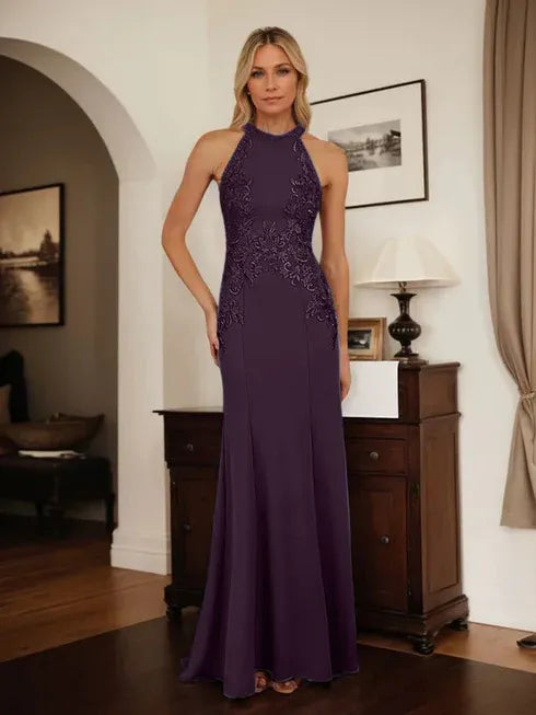 Dusty Blue Sheath Halter Mother of the Bride Dress with Appliqué Details