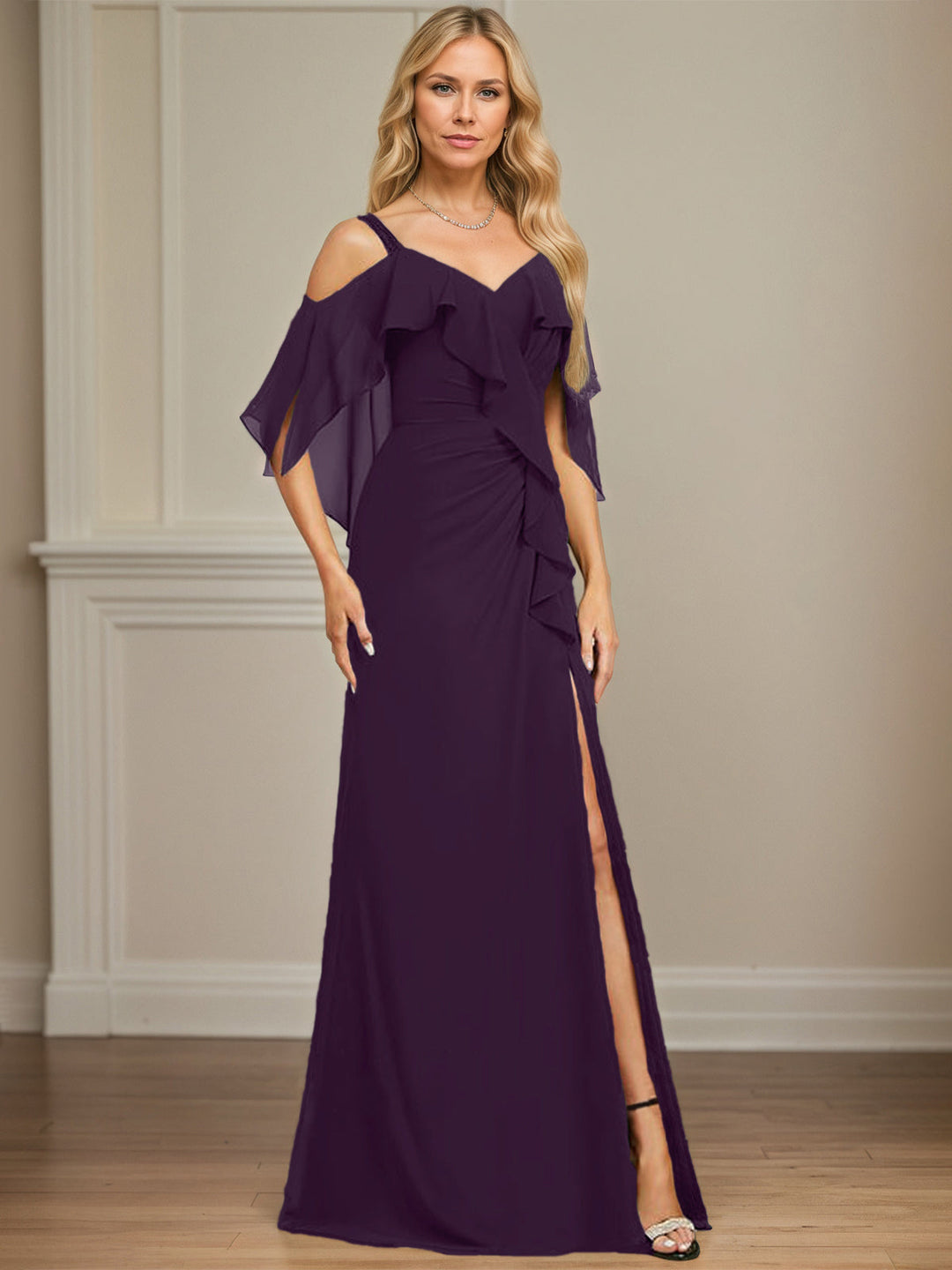 Sheath/Column Cold Shoulder V-Neck Floor-Length Chiffon Dress with Cascading Ruffles, Sequins, and Beading
