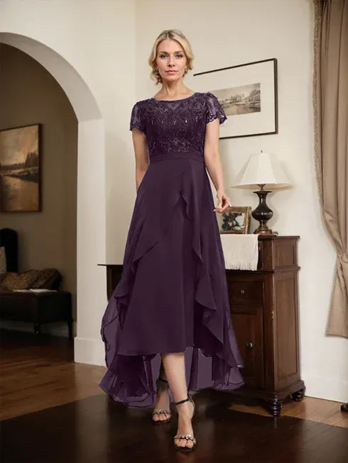 A-Line Scoop Neck Illusion Asymmetrical Chiffon Lace Mother of the Bride Dress with Bow, Ruffle, and Sequins