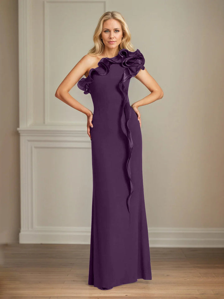 Navy Stretch Crepe One-Shoulder Sheath Dress with Ruffles – Floor-Length Mother of the Bride Gown