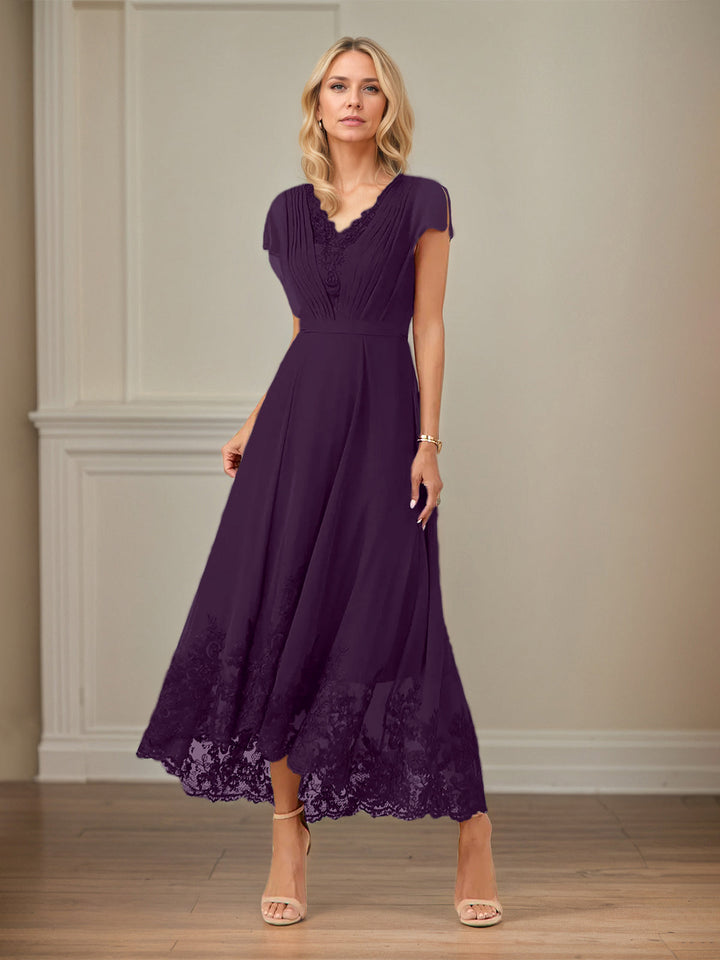 A-Line V-Neck Flutter Sleeve Chiffon Dress with Appliques and Ankle Length