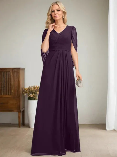 Dark Navy A-Line V-Neck Long Mother of the Bride Dress
