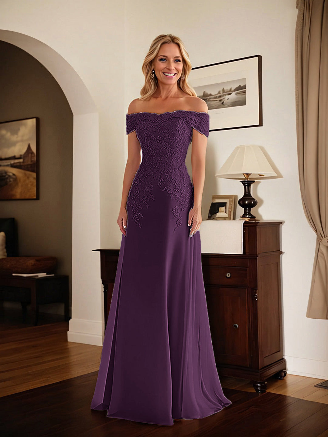 Elegant Taupe Off-the-Shoulder Lace Sheath Dress for Mother of the Bride