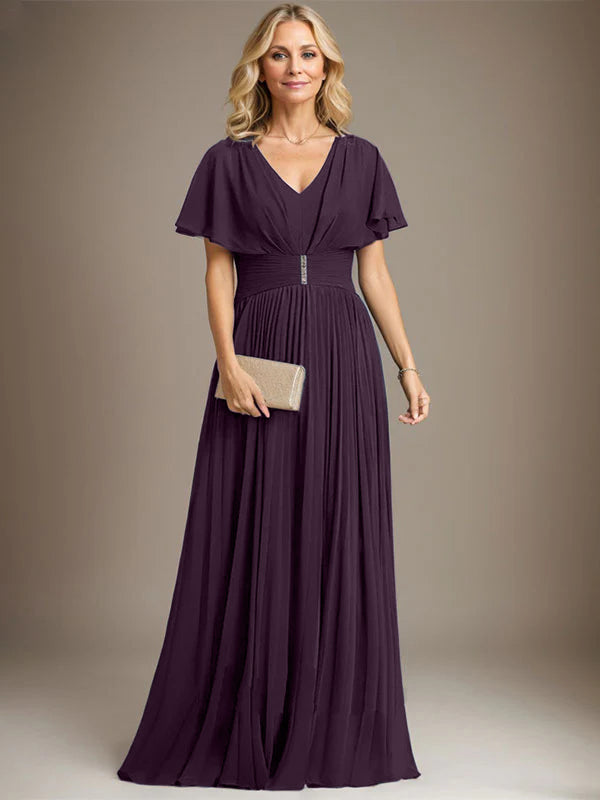 A-Line V-Neck Floor-Length Chiffon Mother of the Bride Dress with Crystal Brooch and Pleated Design