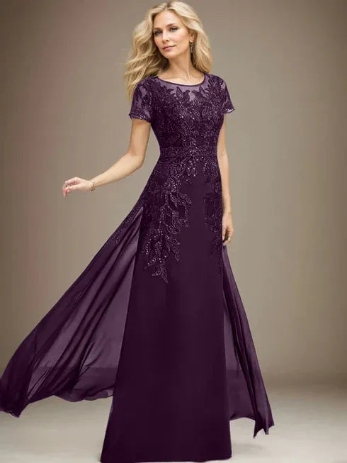 Floor-Length Lace Chiffon Mother of the Bride Dress with Sheath/Column Scoop Illusion and Sequins