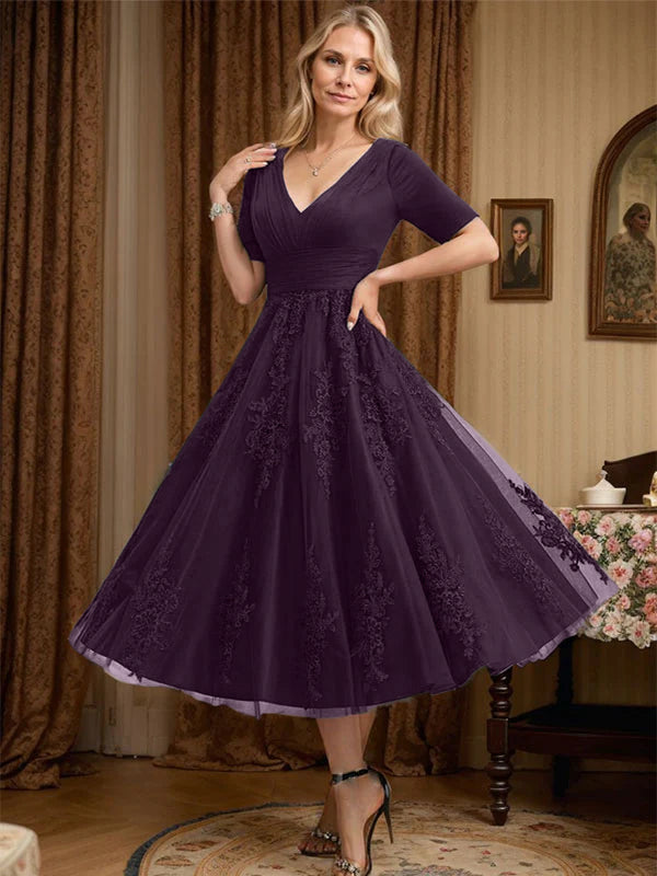 A-Line V-Neck Tea-Length Tulle Lace Mother of the Bride Dress with Pleats