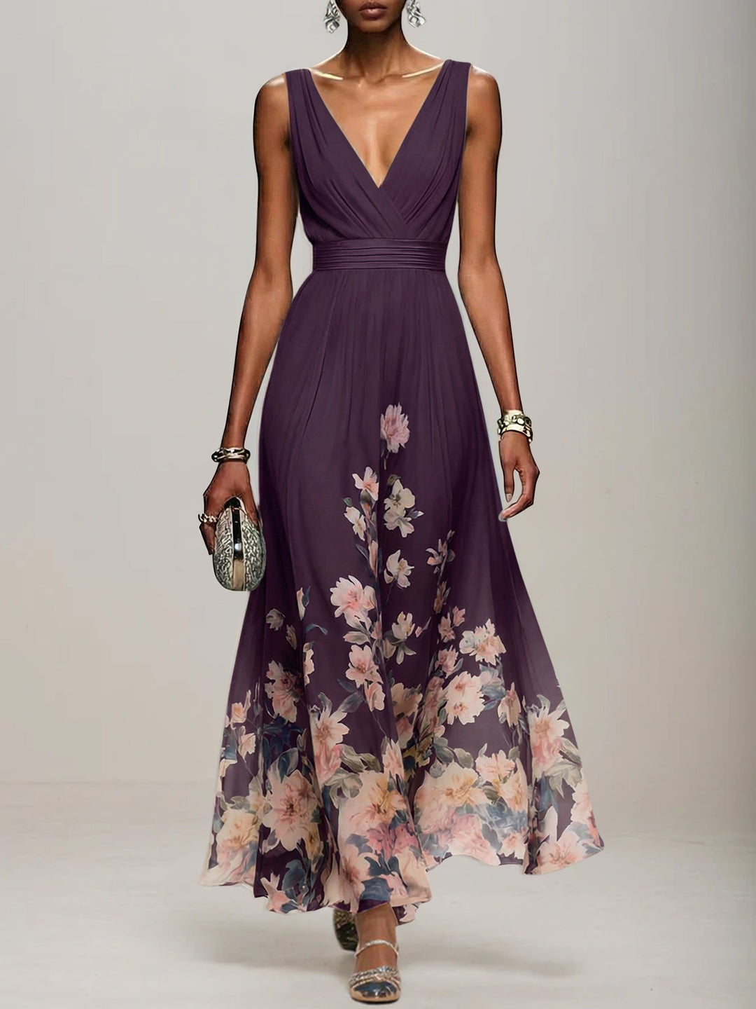 Light Blue Floral Chiffon V-Neck Sleeveless A-Line Maxi Dress