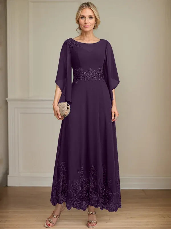 A-Line Scoop Neck Illusion Lace Chiffon Mother of the Bride Dress with Sequins and Ankle-Length Hem