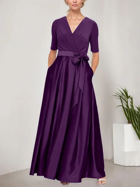 Surplice Neckline Ballgown with Full Satin Skirt and Jersey Bodice