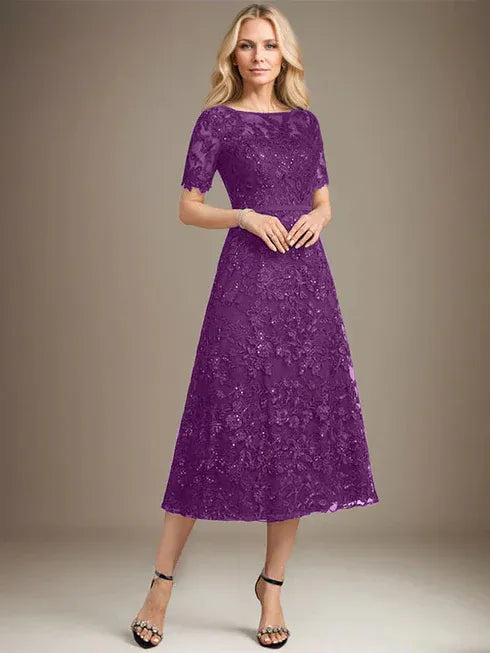 A-Line Scoop Neck Illusion Tea-Length Lace Mother of the Bride Dress with Sequins