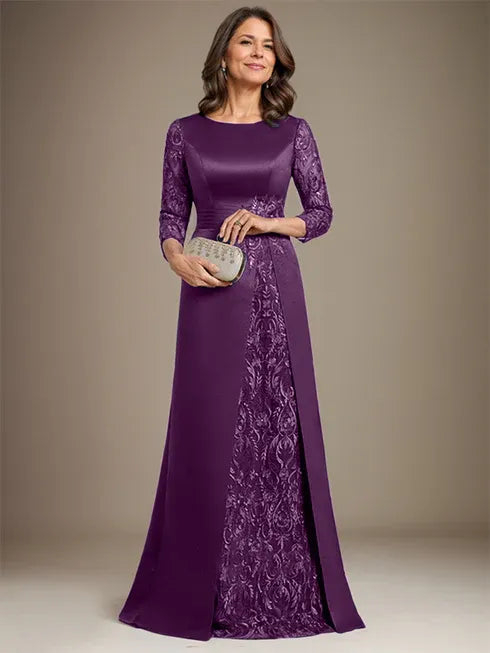 Floor-Length A-Line Lace Satin Mother of the Bride Dress with Scoop Neck and Applique